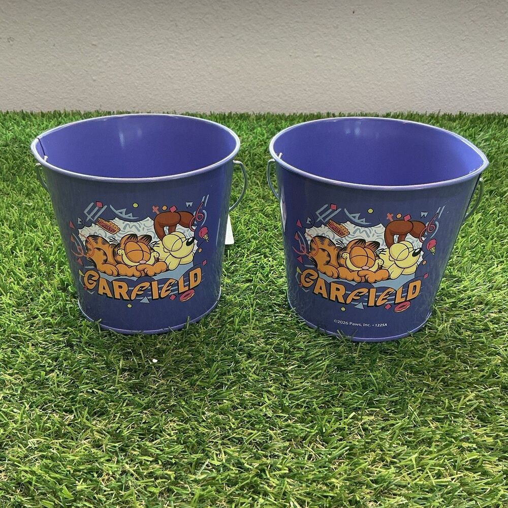 Garfield Tin Pail Bucket Lot of 2 Nickelodeon Paws Inc Purple 4” Party Decor
